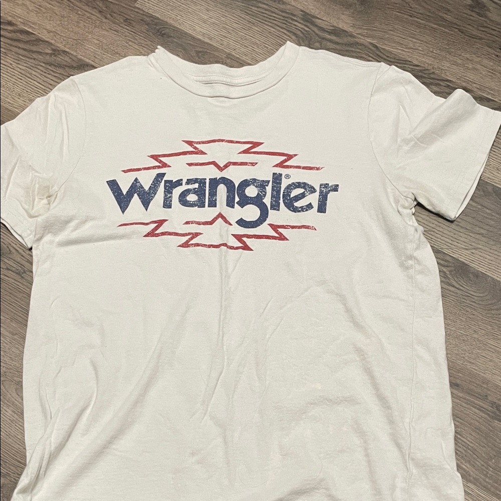 Wrangler White Short Sleeve Logo Tee with Red & Blue Graphic